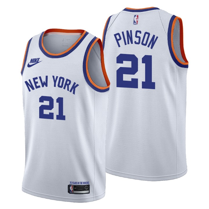 New York Knicks #21 Theo Pinson Men's Nike Releases Classic Edition NBA 75th Anniversary Jersey White New York Knicks #21 Theo Pinson Men's Nike Releases Classic Edition NBA 75th Anniversary Jersey White