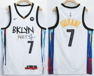 Men's Brooklyn Nets #7 Kevin Durant NEW White 2021 City Edition Swingman Stitched NBA Jersey With The NEW Sponsor Logo Men's Brooklyn Nets #7 Kevin Durant NEW White 2021 City Edition Swingman Stitched NBA Jersey With The NEW Sponsor Logo