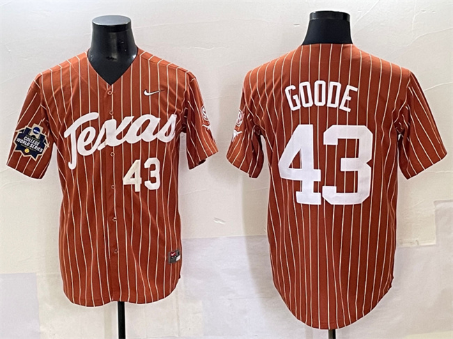 Men's Texas Longhorns #43 Leighann Goode Orange Pinstripe 2025 World Series & SEC Patch Stitched Jersey Men's Texas Longhorns #43 Leighann Goode Orange Pinstripe 2025 World Series & SEC Patch Stitched Jersey