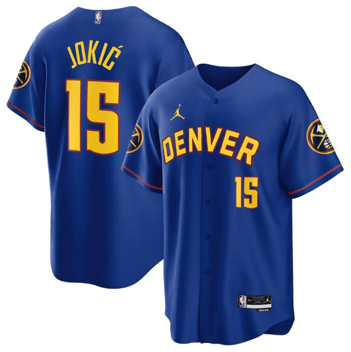 Men's Denver Nuggets #15 Nikola Jokic Blue Stitched Baseball Jersey Men's Denver Nuggets #15 Nikola Jokic Blue Stitched Baseball Jersey