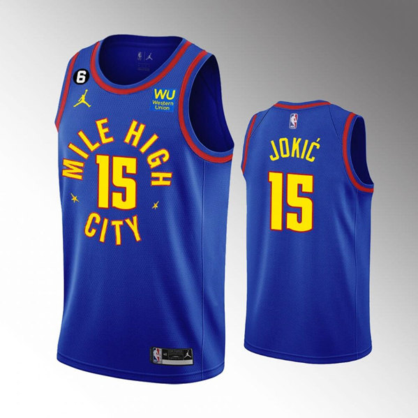 Men's Denver Nuggets #15 Nikola Jokic With Memorial PatchBlue 2022-23 Statement Edition Stitched Jersey Men's Denver Nuggets #15 Nikola Jokic With Memorial PatchBlue 2022-23 Statement Edition Stitched Jersey