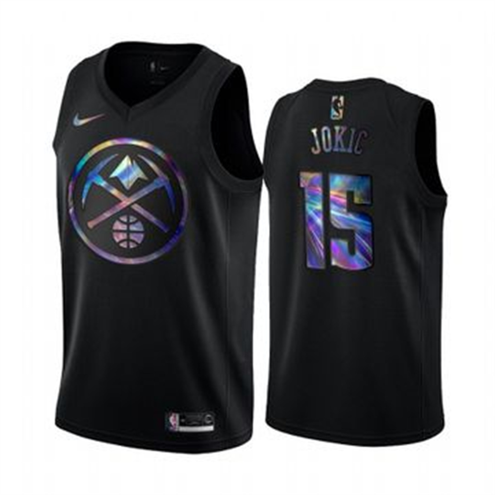 Nike Nuggets #15 Nikola Jokic Men's Iridescent Holographic Collection NBA Jersey - Black Nike Nuggets #15 Nikola Jokic Men's Iridescent Holographic Collection NBA Jersey - Black