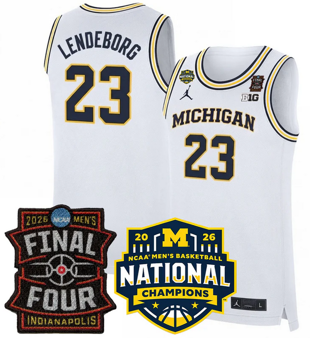 Men's Michigan Wolverines #23 Yaxel Lendeborg White 2025 26 Final Four & National Champions Patch Stitched Basketball Jersey