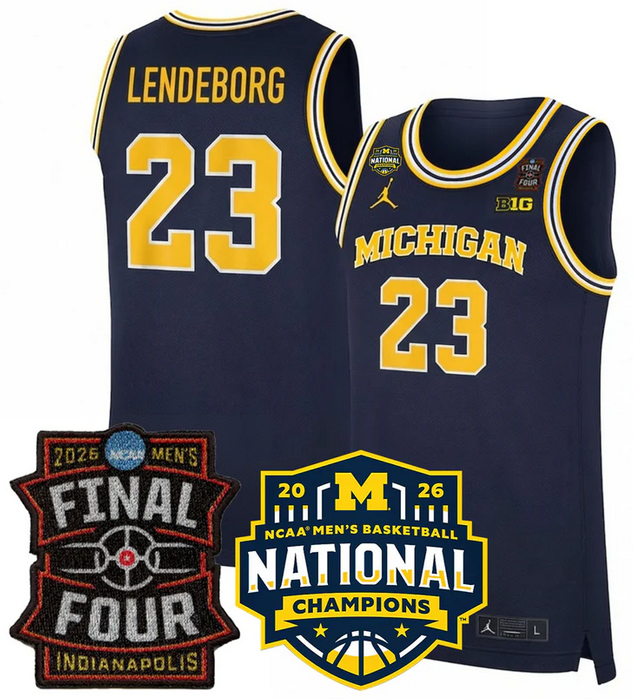 Men's Michigan Wolverines #23 Yaxel Lendeborg Navy 2025 26 Final Four & National Champions Patch Stitched Basketball Jersey
