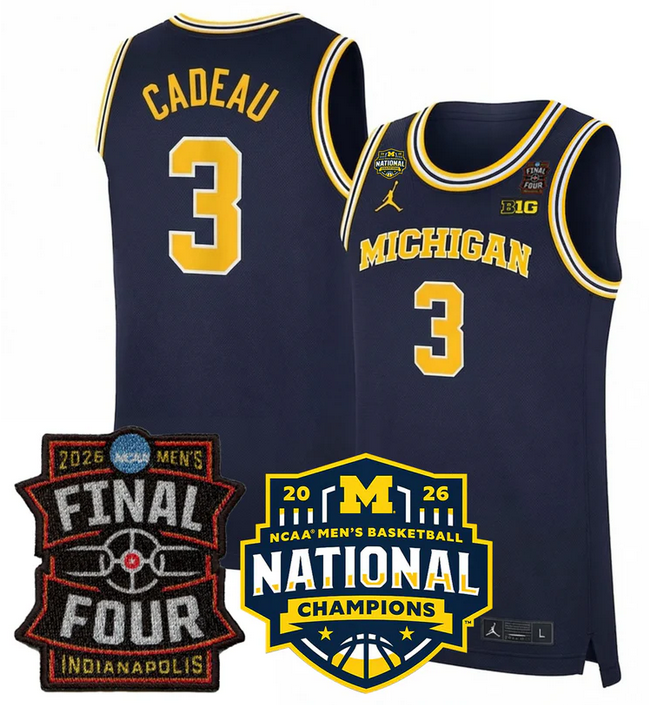 Men's Michigan Wolverines #3 Elliot Cadeau Navy 2025 26 Final Four & National Champions Patch Stitched Basketball Jersey