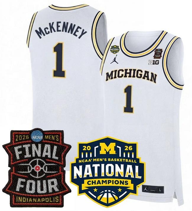 Men's Michigan Wolverines #1 Trey McKenney White 2025 26 Final Four & National Champions Patch Stitched Basketball Jersey