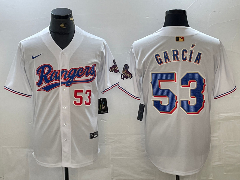 Men's Texas Rangers #53 Adolis García White Gold Cool Base Stitched Baseball Jersey clubjerseys.net