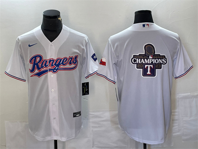 Men's Texas Rangers White 2023 World Series Champions Big Logo With Patch Cool Base Stitched Baseball Jerseys