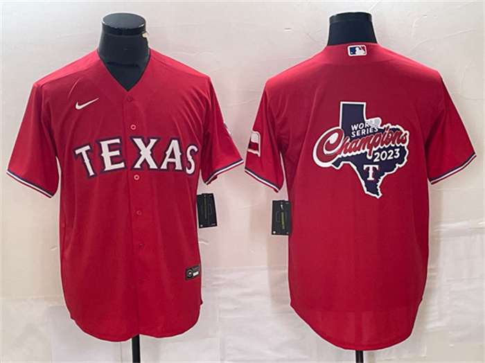 Men's Texas Rangers Red 2023 World Series Champions Big Logo With Patch Cool Base Stitched Baseball Jersey Men's Texas Rangers Red 2023 World Series Champions Big Logo With Patch Cool Base Stitched Baseball Jersey
