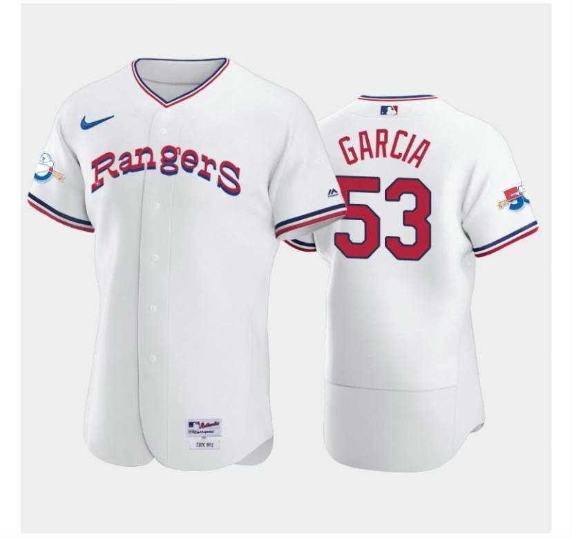 Men's Texas Rangers #53 Adolis Garcia White Flexbase Stitched Baseball Jersey Men's Texas Rangers #53 Adolis Garcia White Flexbase Stitched Baseball Jersey