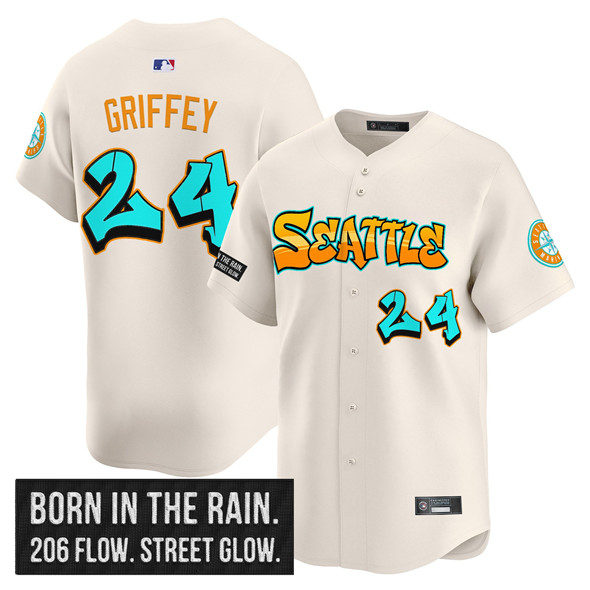 Men's Seattle Mariners #24 Ken Griffey Jr. Cream 2025 'Graffiti Emerald Drop Edition' Vapor Premier Limited Stitched Jersey Men's Seattle Mariners #24 Ken Griffey Jr. Cream 2025 'Graffiti Emerald Drop Edition' Vapor Premier Limited Stitched Jersey