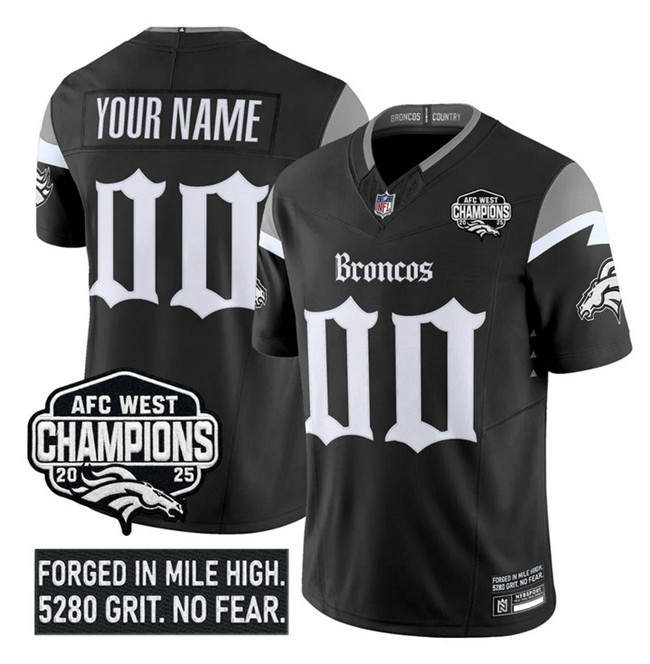 Men's Denver Broncos Active Player Custom Black F.U.S.E 2025 Afc West Champions Patch ‘Gothic Mile High Shadows Edition’ Vapor Limited Stitched Football Jersey Men's Denver Broncos Active Player Custom Black F.U.S.E 2025 Afc West Champions Patch ‘Gothic Mile High Shadows Edition’ Vapor Limited Stitched Football Jersey