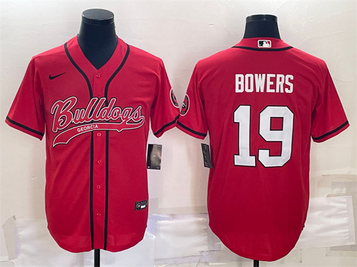 Men's Georgia Bulldogs #19 Brock Bowers Red With Patch Cool Base Stitched Baseball Jersey Men's Georgia Bulldogs #19 Brock Bowers Red With Patch Cool Base Stitched Baseball Jersey