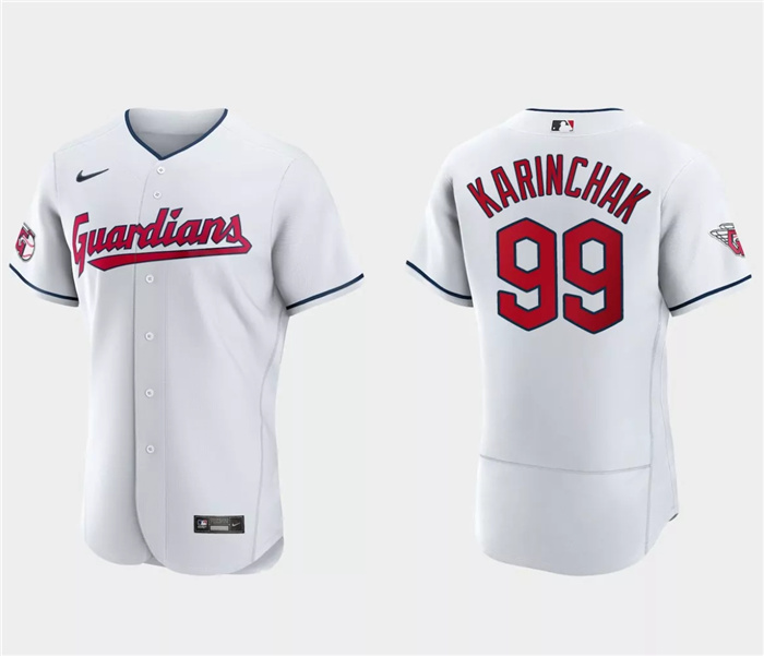 Men's Cleveland Guardians #99 James Karinchak White Flex Base Stitched Jersey Men's Cleveland Guardians #99 James Karinchak White Flex Base Stitched Jersey