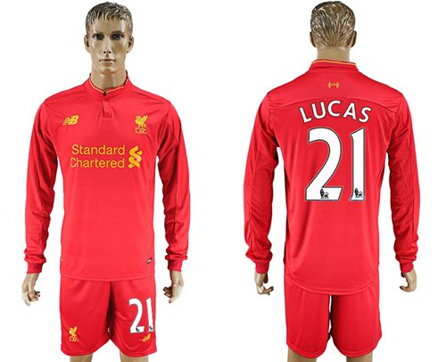Liverpool #21 Lucas Home Long Sleeves Soccer Club Jersey