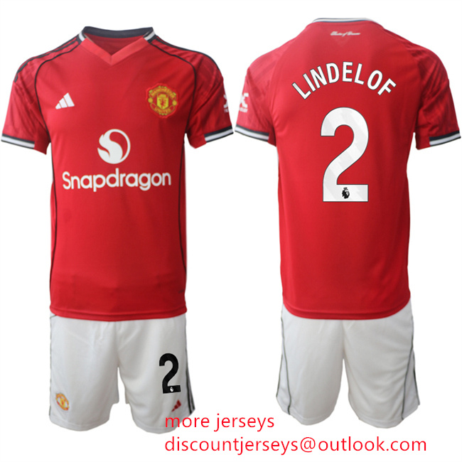Men's Manchester United #2 Victor Lindel?f 2025 26 Red Home Soccer Jersey Suit