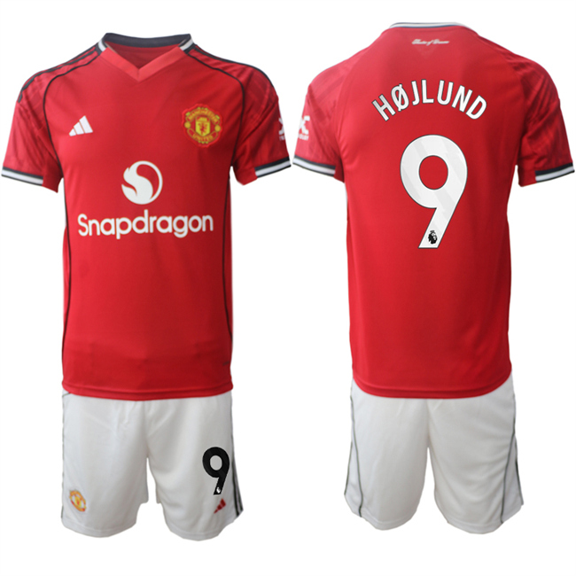 Men's Manchester United #9 Rasmus H?jlund 2025 26 Red Home Soccer Jersey Suit