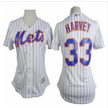 Women Mets #33 Matt Harvey White(Blue Strip) Home Stitched Baseball Jersey