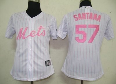 MLB Women Jerseys New York Mets 57 Santan White (Pink strip)