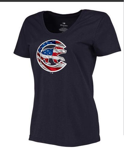 Women's Chicago Cubs USA Flag Fashion T-Shirt Navy Blue