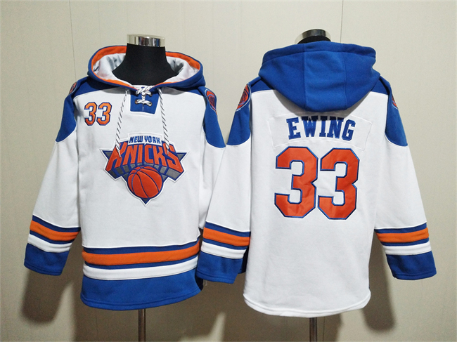 Men's New Yok Knicks #33 Patrick Ewing White Lace-Up Pullover Hoodie Men's New Yok Knicks #33 Patrick Ewing White Lace-Up Pullover Hoodie