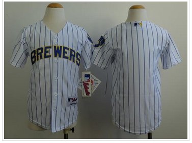 Youth MLB Brewers Blank White(Blue Stripe) Cool Base Jersey