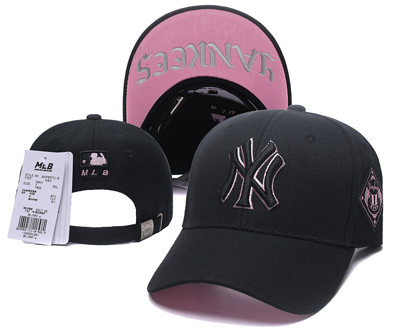 MLB New York Yankees Pink Outline Logo Black Peaked Adjustable Hat SG
