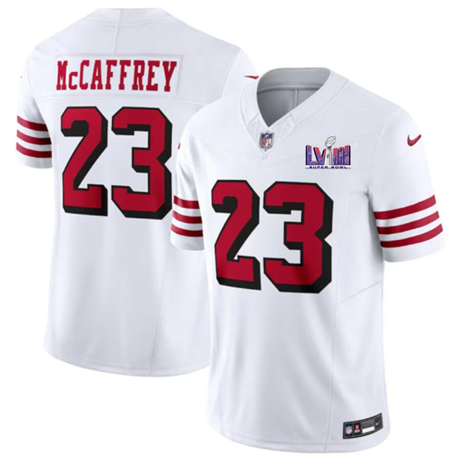 Men's San Francisco 49ers #23 Christian McCaffrey New White F.U.S.E. Super Bowl LVIII Patch Vapor Untouchable Limited Stitched Football Jersey Men's San Francisco 49ers #23 Christian McCaffrey New White F.U.S.E. Super Bowl LVIII Patch Vapor Untouchable Limited Stitched Football Jersey