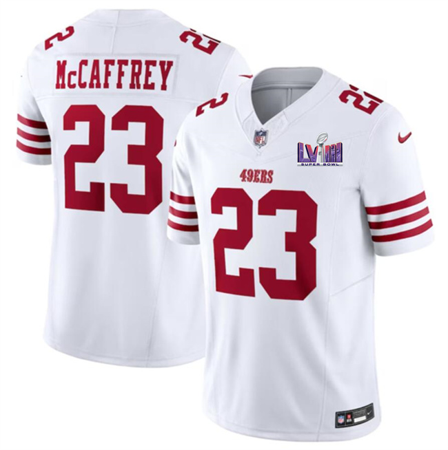 Men's San Francisco 49ers #23 Christian McCaffrey White F.U.S.E. Super Bowl LVIII Patch Vapor Untouchable Limited Stitched Football Jersey Men's San Francisco 49ers #23 Christian McCaffrey White F.U.S.E. Super Bowl LVIII Patch Vapor Untouchable Limited Stitched Football Jersey