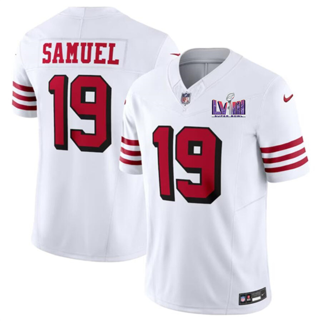 Men's San Francisco 49ers #19 Deebo Samuel New White F.U.S.E. Super Bowl LVIII Patch Vapor Untouchable Limited Stitched Football Jersey Men's San Francisco 49ers #19 Deebo Samuel New White F.U.S.E. Super Bowl LVIII Patch Vapor Untouchable Limited Stitched Football Jersey