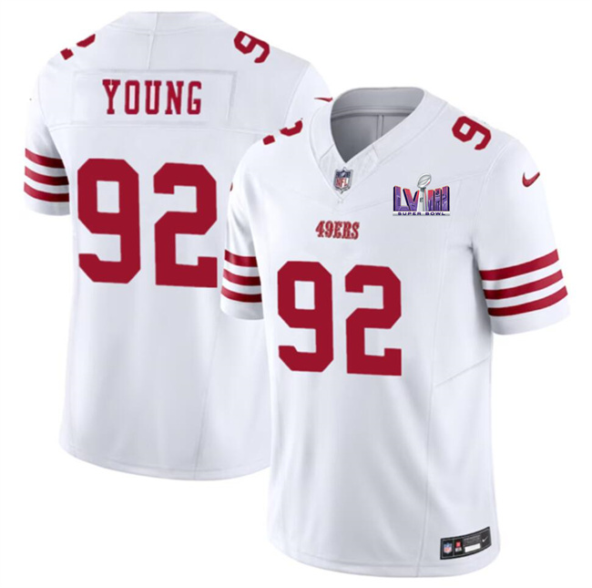Men's San Francisco 49ers #92 Chase Young White F.U.S.E. Super Bowl LVIII Patch Vapor Untouchable Limited Stitched Football Jersey Men's San Francisco 49ers #92 Chase Young White F.U.S.E. Super Bowl LVIII Patch Vapor Untouchable Limited Stitched Football Jersey