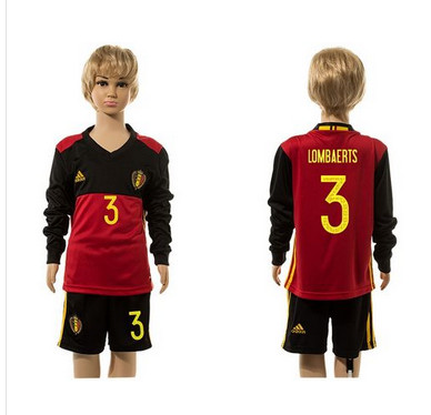 Belgium #3 Lombaerts Red Home Long Sleeves Kid Soccer Country Jersey