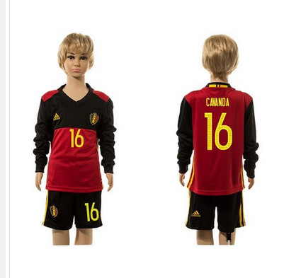 Belgium #16 Cavanda Red Home Long Sleeves Kid Soccer Country Jersey