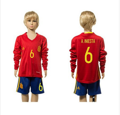 Spain #6 A.Iniesta Red Home Long Sleeves Kid Soccer Country Jersey