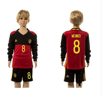 Belgium #8 Meunier Red Home Long Sleeves Kid Soccer Country Jersey