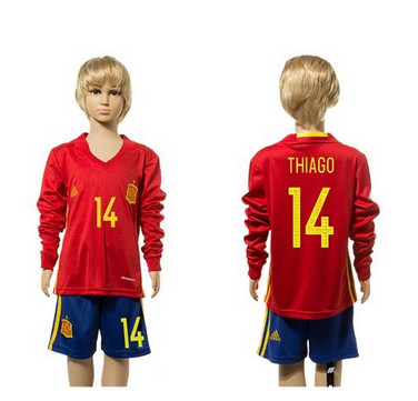 Spain #14 Thiago Red Home Long Sleeves Kid Soccer Country Jersey