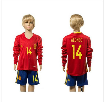 Spain #14 Alonso Red Home Long Sleeves Kid Soccer Country Jersey