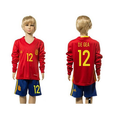 Spain #12 De Gea Red Home Long Sleeves Kid Soccer Country Jersey