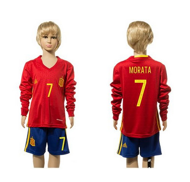 Spain #7 Morata Red Home Long Sleeves Kid Soccer Country Jersey
