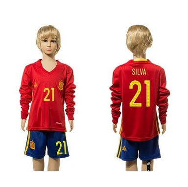 Spain #21 Silva Red Home Long Sleeves Kid Soccer Country Jersey