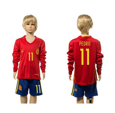 Spain #11 Pedro Red Home Long Sleeves Kid Soccer Country Jersey