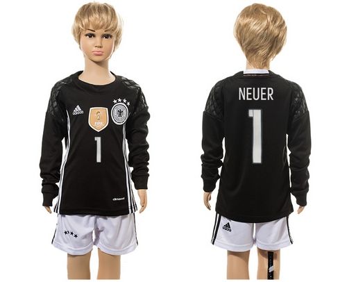 Germany #1 Neuer Black Goalkeeper Long Sleeve Kid Soccer Country Jersey