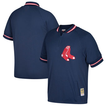 Men's Boston Red Sox Mitchell & Ness Navy Cooperstown Collection Mesh Batting Practice Quarter-Zip Jersey