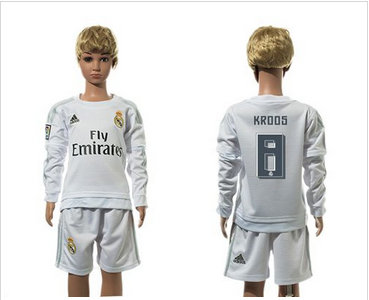 Real Madrid #8 Kroos White Home Long Sleeves Kid Soccer Club Jersey