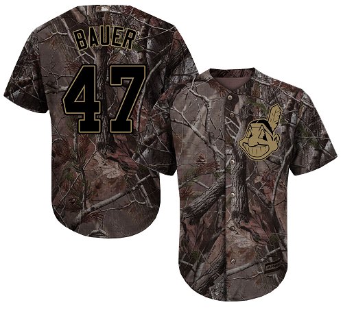 Indians #47 Trevor Bauer Camo Realtree Collection Cool Base Stitched Baseball Jersey