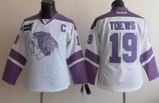 Women Chicago Blackhawks 19 Jonathan Toews White Fights Cancer Jersey