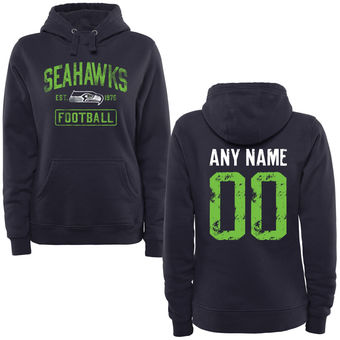 Women's Navy Seattle Seahawks Distressed Custom Name & Number Pullover Hoodie.