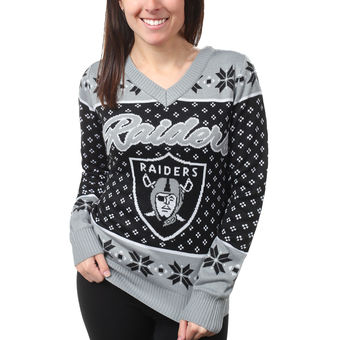 Women's Oakland Raiders Klew Black Big Logo V-Neck Sweater